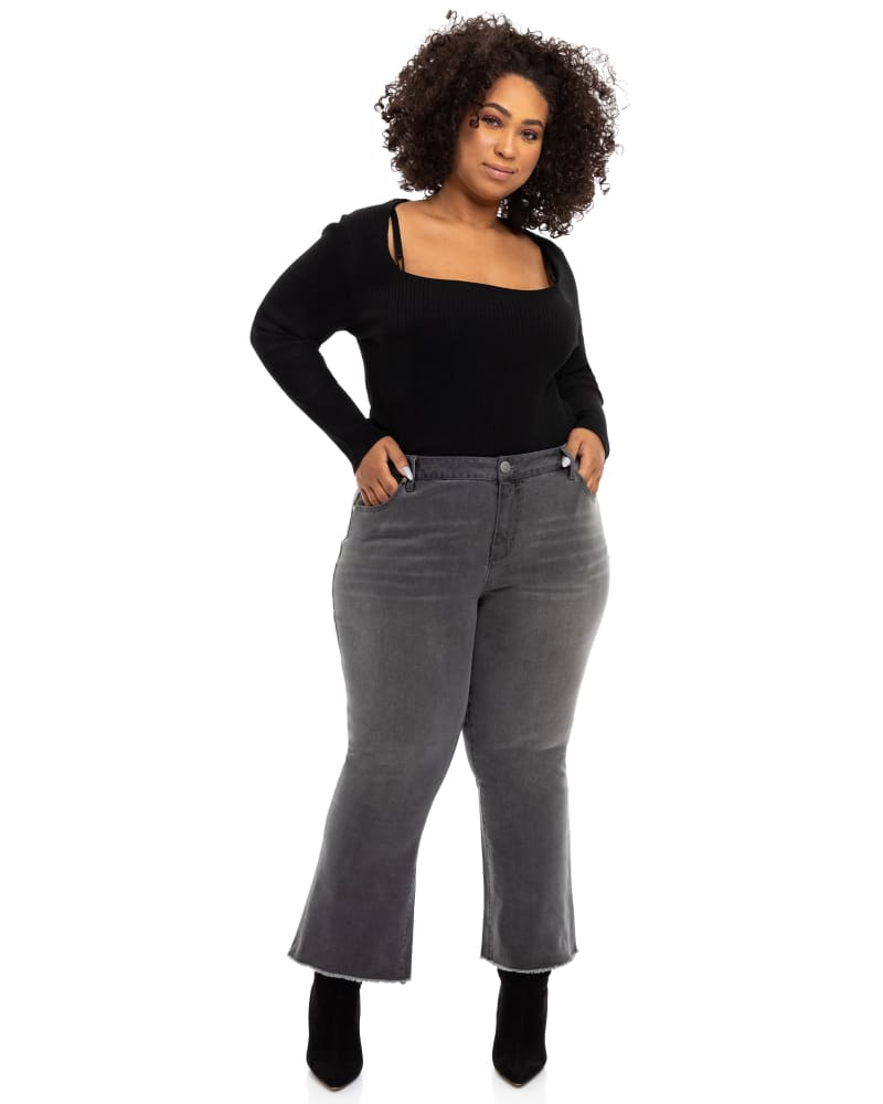 Front of a model wearing a size 14W Trish High Rise Demi Bootcut Jean in Isla by 1822 Denim. | dia_product_style_image_id:237717